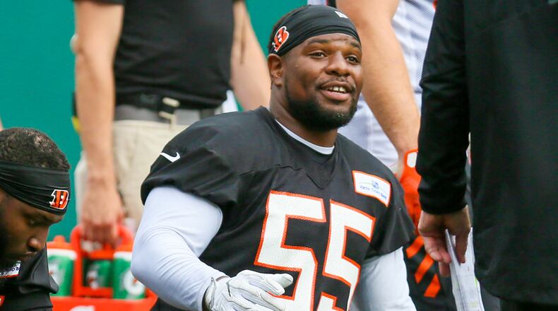 Bengals linebacker Vontaze Burfict (55) participates in a team practice at Paul Brown Stadium, Tuesday, June 13, 2017. GREG LYNCH / STAFF