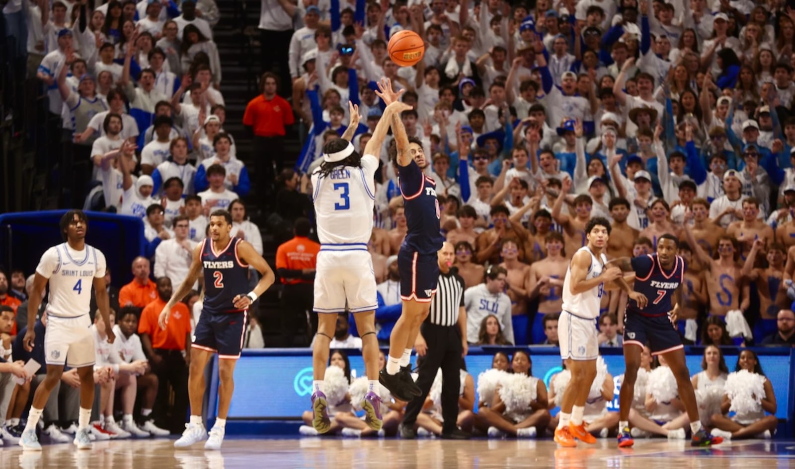 Trey Green, of Saint Louis, shoots against Dayton on Friday, Jan. 30, 2026, at Chaifetz Arena in St. Louis, Mo. David Jablonski/Staff
