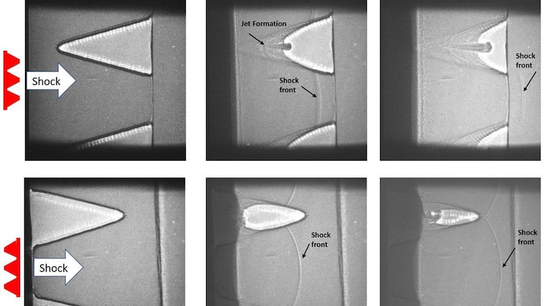 An Air Force Research Laboratory research team has developed a 3-D printed, polymer-based foam structure that responds to the force of a shock wave to act as a one-way switch. These images show the material’s formation of jets, which localize shock wave energy in one direction but not the other. (U.S Air Force photo illustration)