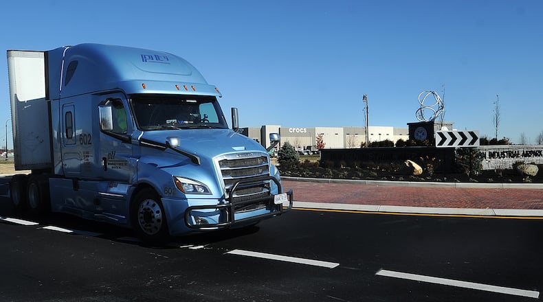 The newly constructed roundabout at Union Airpark Blvd. and Dog Leg Road near the Dayton International Airport is designed to improve truck traffic flow through the commercial development in the area. MARSHALL GORBY\STAFF