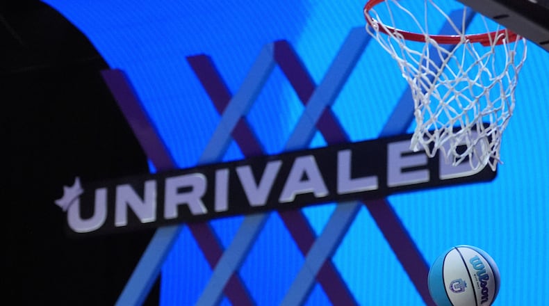 FILE - A player jumps to shoot during an Unrivaled 3-on-3 basketball semifinal, March 16, 2025, in Medley, Fla. (AP Photo/Rebecca Blackwell, File)