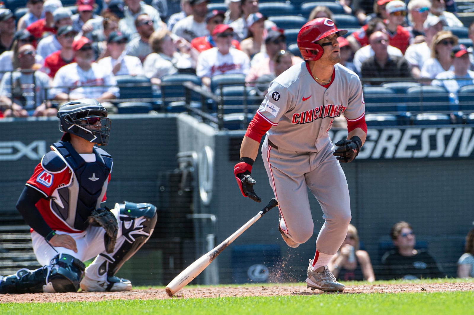 Cincinnati Reds' TJ Friedl watches his solo home run offCleveland Guardians starting pitcher Logan Allen during the sixth inning of a baseball game, Wednesday, June 11, 2025, in Cleveland. (AP Photo/Phil Long)