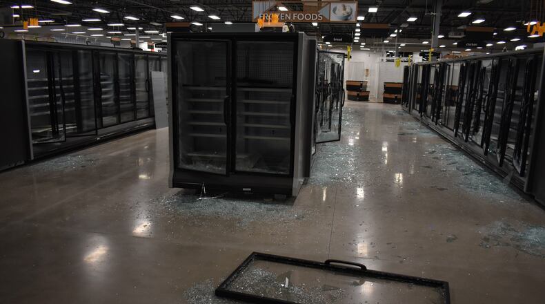 Approximately $100,000 worth of damage was reported at a Miamisburg Kroger under construction after the glass in windows, doors and approximately 36 freezer cases were smashed. Photo courtesy Miamisburg Police Department Facebook.