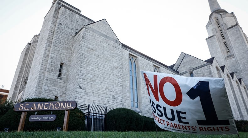St. Anthony's Catholic Church on Bowen Street in East Dayton has "vote no" on Issue 1 -- a ballot initiative that would enshrine the right to abortion in Ohio's constitution -- signs on the church lawn. JIM NOELKER/STAFF