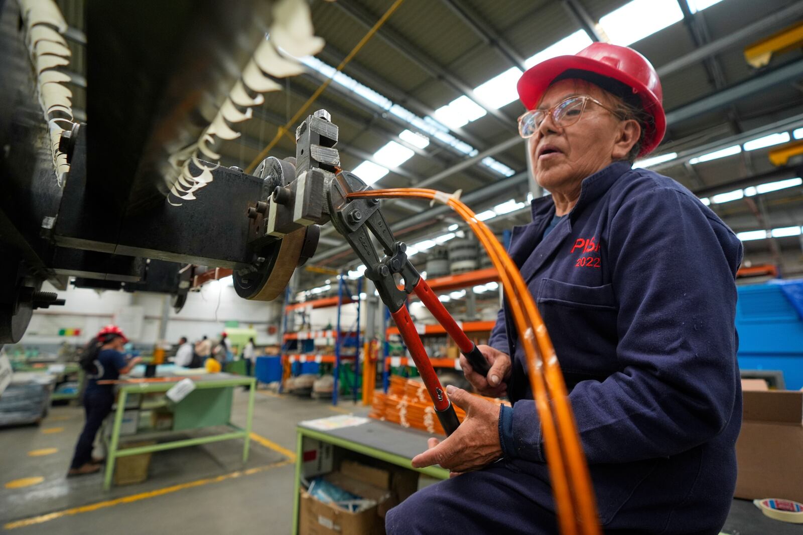 A worker cuts cables at a plant of electric engines in Mexico City, Wednesday, April 2, 2025. (AP Photo/Fernando Llano)