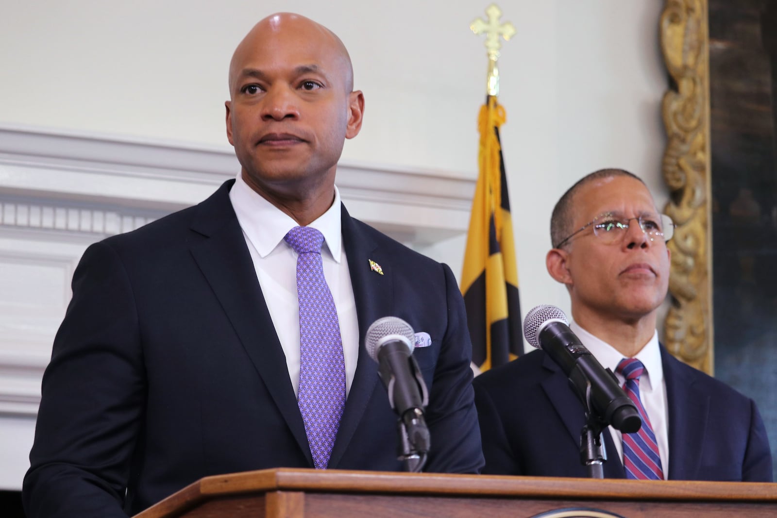 Maryland Gov. Wes Moore speaks at a news conference on Thursday, May 15, 2025 in Annapolis, Md., Maryland Attorney General Anthony Brown is standing right. (AP Photo/Brian Witte)