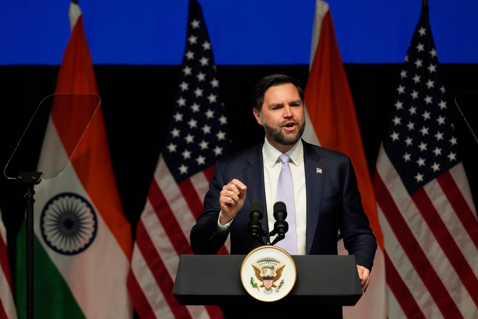 U.S. Vice President JD Vance speaks at the Rajasthan International Center in Jaipur, India, Tuesday, April 22, 2025. (AP Photo/Manish Swarup)