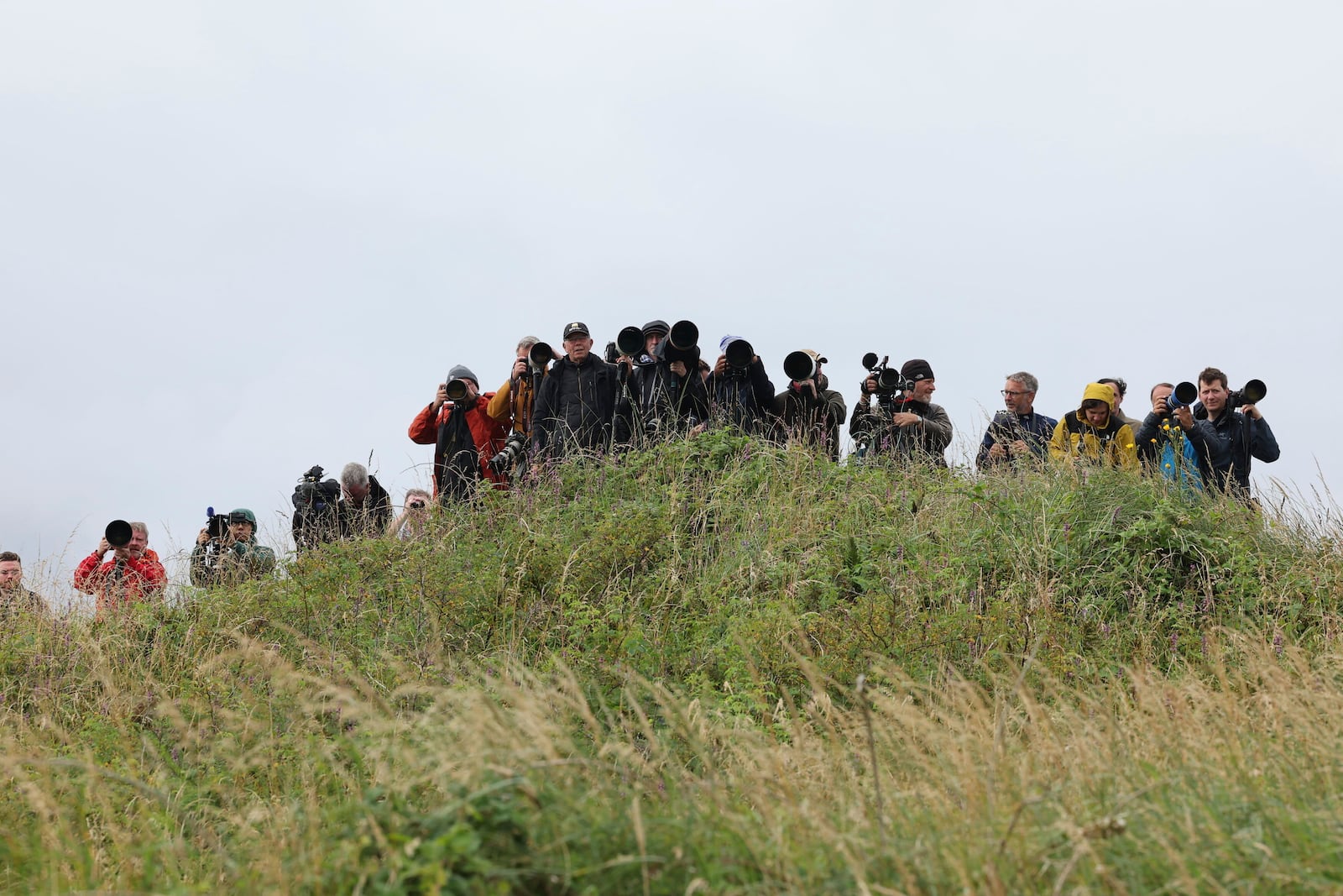 Members of the press at the Trump Turnberry golf course in South Ayrshire, Scotland, Saturday, July 26, 2025 as US President Donald Trump begins his five-day private trip to the country. (Robert Perry/PA via AP)