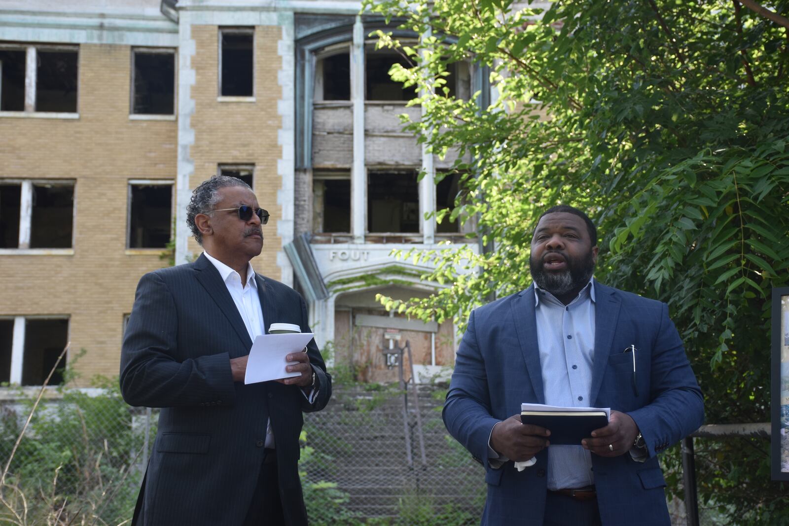 Demolition of Fout Hall  began on Wednesday, June 12, 2024, on the Omega Baptist Harvard campus in northwest Dayton. Dr. Alonzo Patterson, chair of Omega CDC board of trustees, and Rev. Joshua Ward, senior pastor with Omega Baptist Church, made comments before demolition work started. CORNELIUS FROLIK / STAFF