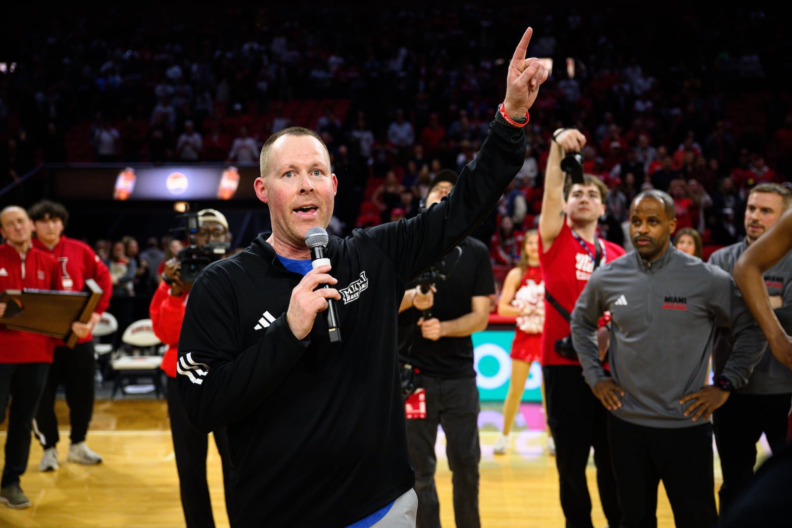 Miami University coach Travis Steele addresses the crowd after the RedHawks beat Toledo 74-72 in Mid-American Conference action on Tuesday, March 3, 2026 at Millett Hall. Miami clinched its first MAC regular season crown since 2005-06. JEREMY MILLER / CONTRIBUTED PHOTO
