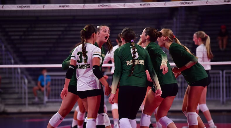 Members of the Wright State volleyball team celebrate a point during an exhibition match vs. Cincinnati last month. Joe Craven/Wright State Athletics