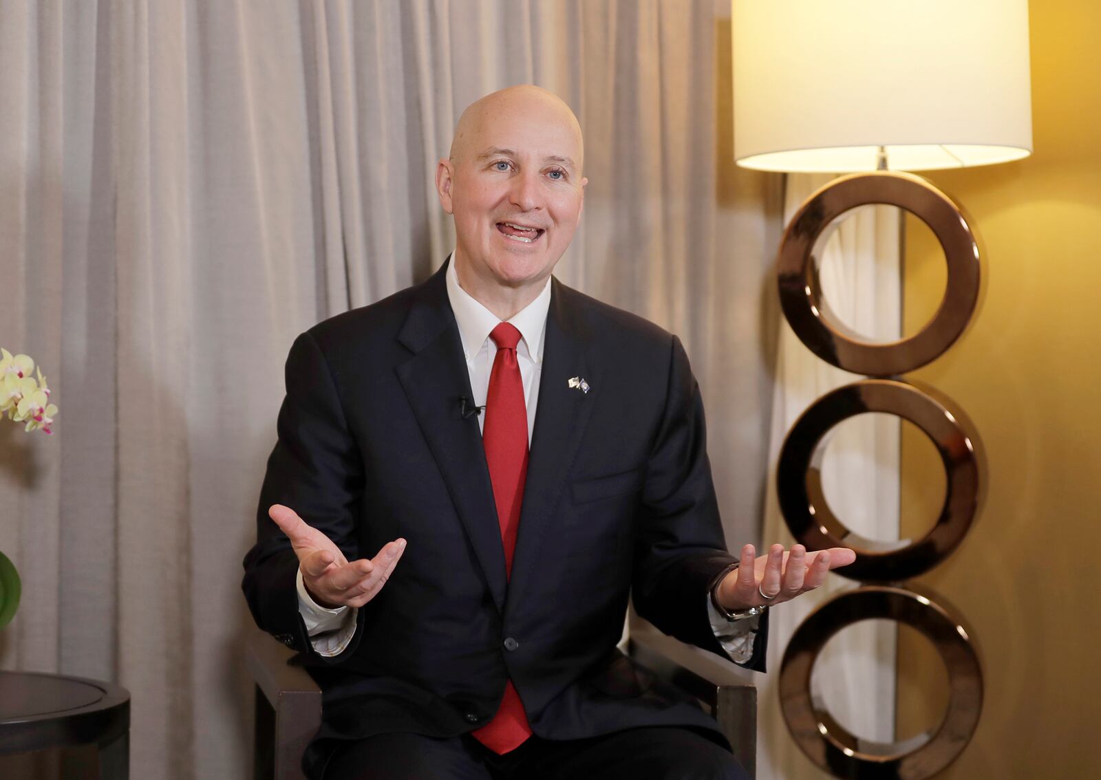 U.S. Senator Pete Ricketts is interviewed by the Associated Press in Taipei, Taiwan, Thursday, April 17, 2025. (AP Photo/Chiang Ying-ying)