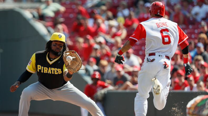 Pittsburgh Pirates first baseman Josh Bell, left, puts out Cincinnati Reds' Billy Hamilton at first in the seventh inning of a baseball game, Sunday, Aug. 27, 2017, in Cincinnati. (AP Photo/John Minchillo)