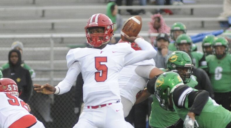Fairfield quarterback Jeff Tyus delivers a pass during a Sept. 1 game at Northmont. The host Thunderbolts won 28-21. MARC PENDLETON/STAFF