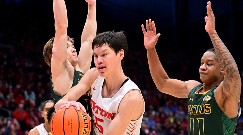 Dayton's Mike Sharavjamts battles against Southeastern Louisana at UD Arena on Saturday, Dec. 3, 2022. Erik Schelkun/CONTRIBUTED