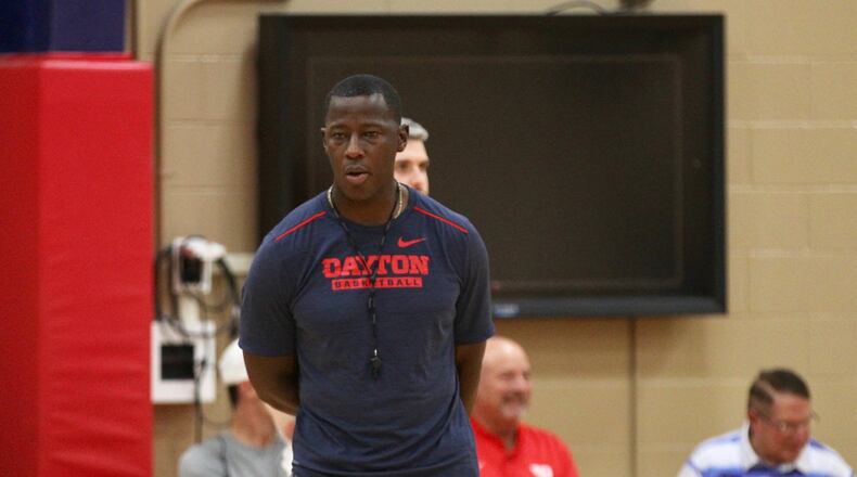 Dayton’s Anthony Grant watches a team workout on Monday, Sept. 23, 2019, at the Cronin Center. David Jablonski/Staff