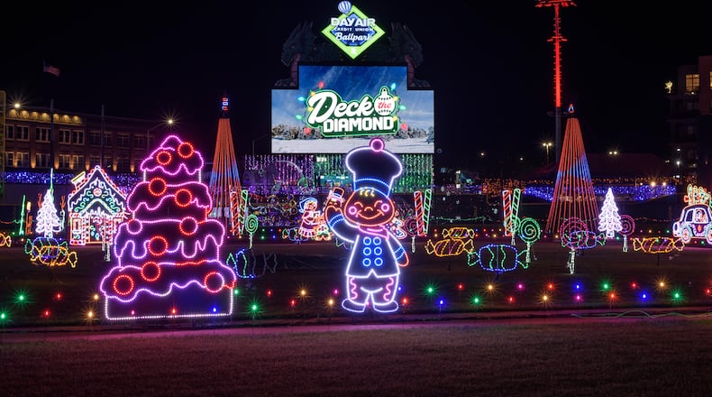 The first season of Deck the Diamond, a new Dayton holiday tradition at Day Air Ballpark, home of the Dayton Dragons, started on Nov. 14 and continues through Jan. 3, 2026. The family-friendly 45-night ticketed event features a winter wonderland of lights and decorations, tasty holiday treats and beverages, holiday shopping, the North Pole Express, a 44-foot-tall Christmas tree, photos with Santa and more. TOM GILLIAM/CONTRIBUTING PHOTOGRAPHER