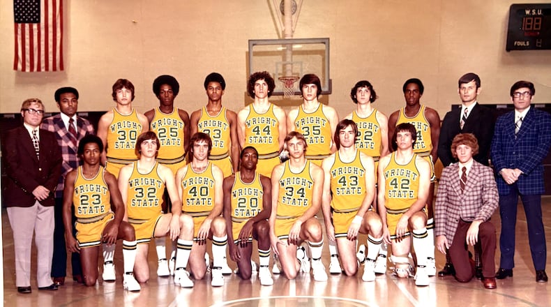 The 1975-76 Wright State Raiders included: (Front row, left to right) Alan McGee, Neil Reif, Lyle Falknor, Rick Martin (now known as Abdul Shakur Ahmad), Steve Shook, Curt Shellabarger, Ken Millisor and manager Scott Oldiges. (Back row, left to right) trainer David Shon, head coach Marcus Jackson, Bob Grote, Edgar Johnson, Dan Huguely, Guy Conners, Bob Schaefer, Bob Cook, Don Person, and assistant coaches Jerry Holbrook and Jim Brown. CONTRIBUTED PHOTO
