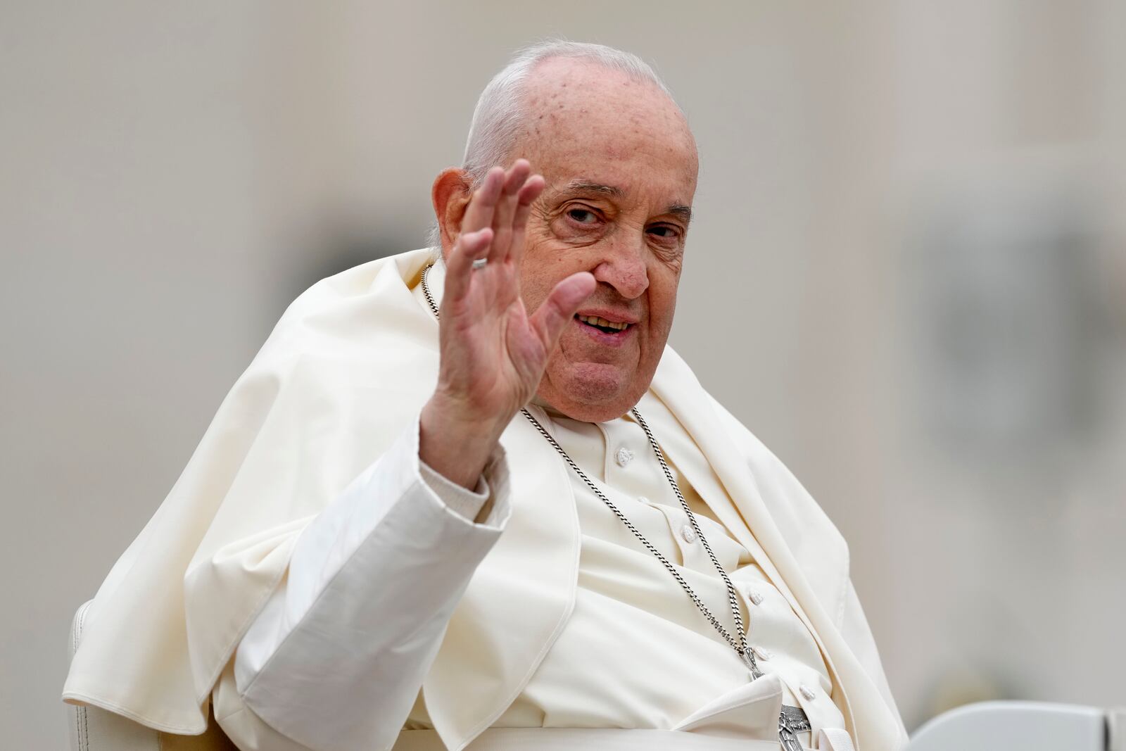 file - Pope Francis smiles after celebrating Easter mass in St. Peter's Square at the Vatican, Sunday, March 31, 2024. (AP Photo/Andrew Medichini, file)