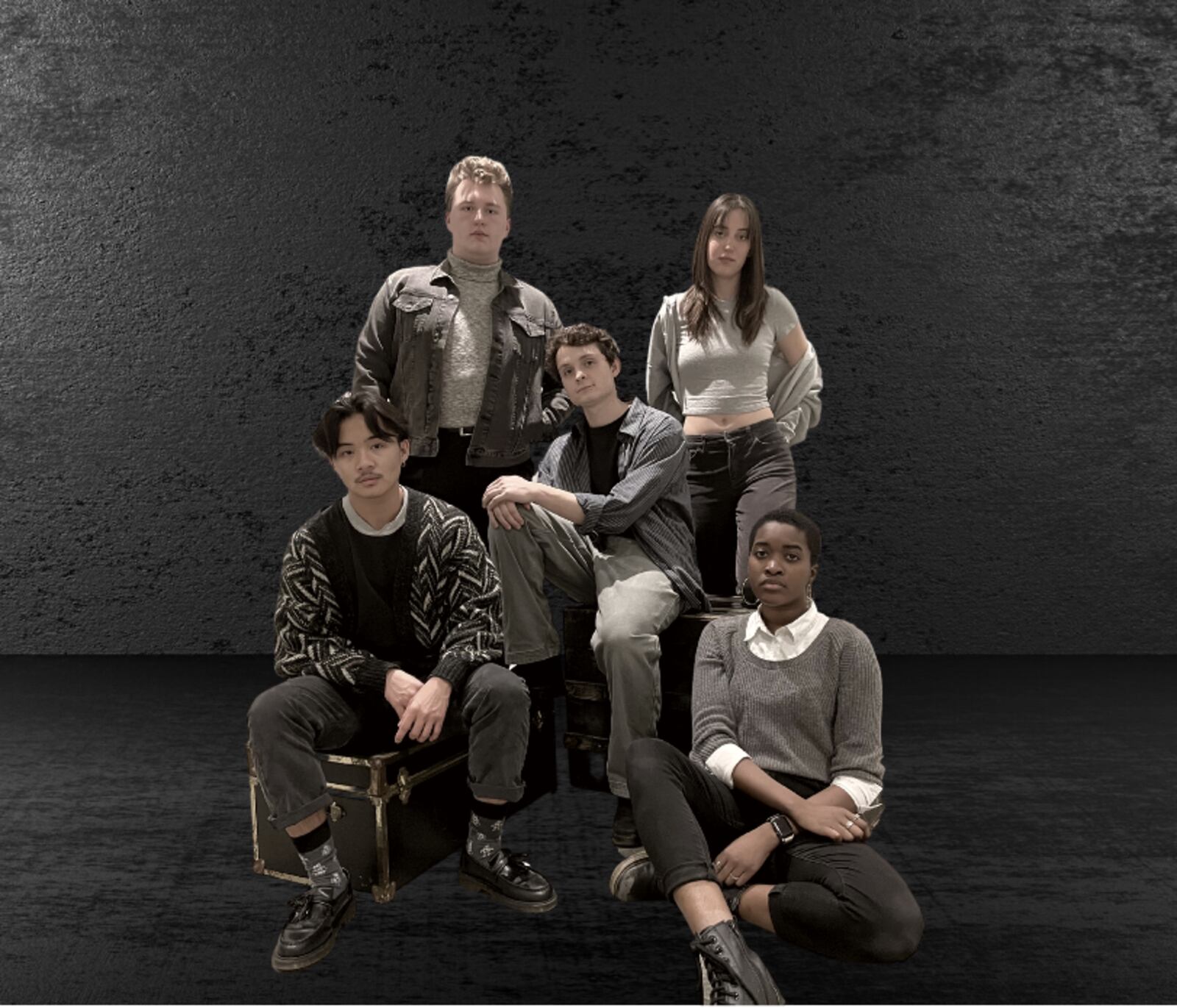 Clockwise from top left: Spence Hall, Sydney Friehofer, Zavi Odetta, Matthew Shanahan, Ni-Ni Denker in Wright State University's production of "The Laramie Project." PHOTO BY WRIGHT STATE THEATRE