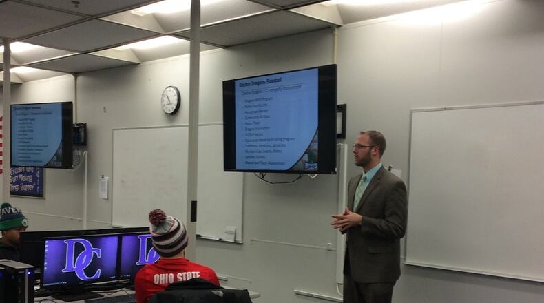Trafton Eutsler, the Director of Season Ticket Sales for the Dayton Dragons, spoke to the students in Dec. about his role with the Dayton Dragons, the team’s influence on the city of Dayton, and how students can gain a job in the sports industry. SUBMITTED
