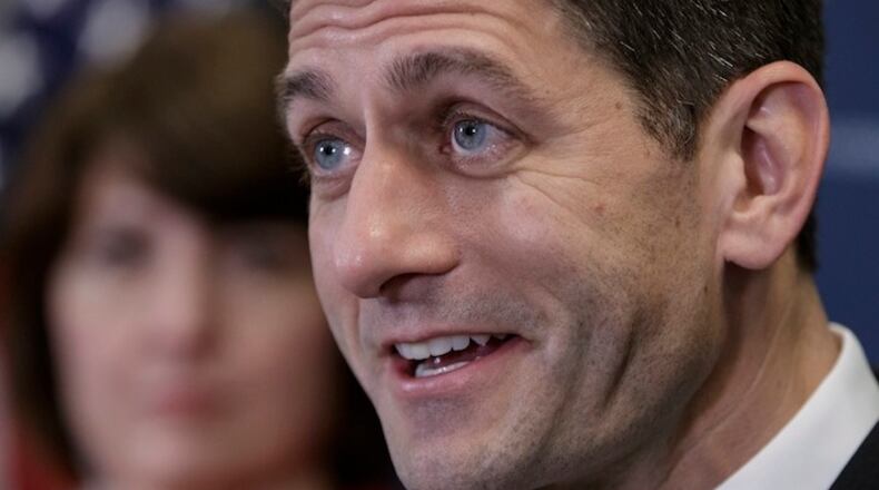 Speaker of the House Paul Ryan, R-Wis., with the GOP leadership, talks about getting past last week's failure to pass a health care overhaul bill and rebuilding unity in the Republican Conference, at the Capitol, in Washington, Tuesday, March 28, 2017. (AP Photo/J. Scott Applewhite)