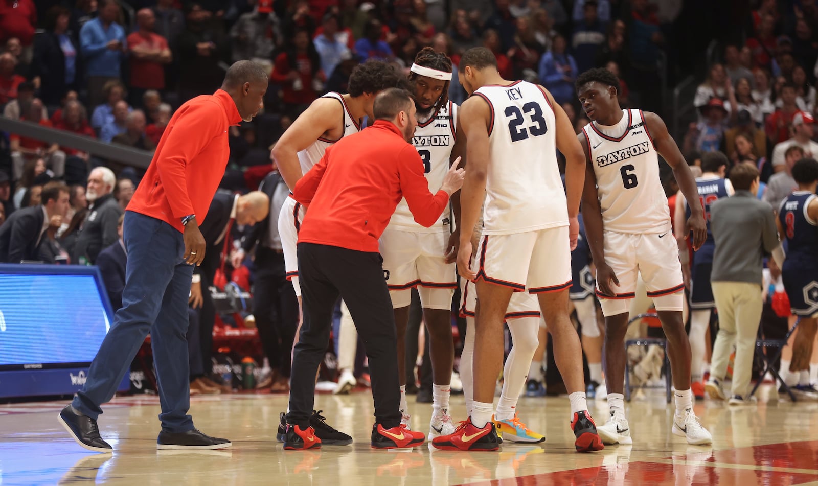 Dayton's James Kane talks to the players during a game against Richmond on Saturday, March 1 2025, at UD Arena. David Jablonski/Staff