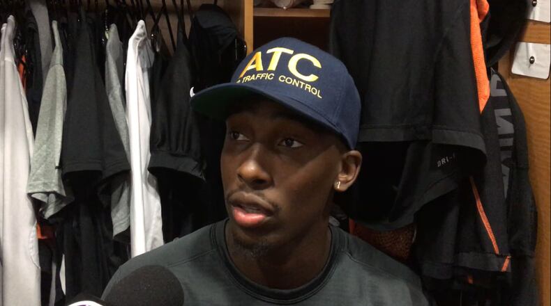Cincinnati Bengals safety George Iloka sports his new ATC — Air Traffic Control hat, which he says is the secondary’s slogan this year. JAY MORRISON/STAFF