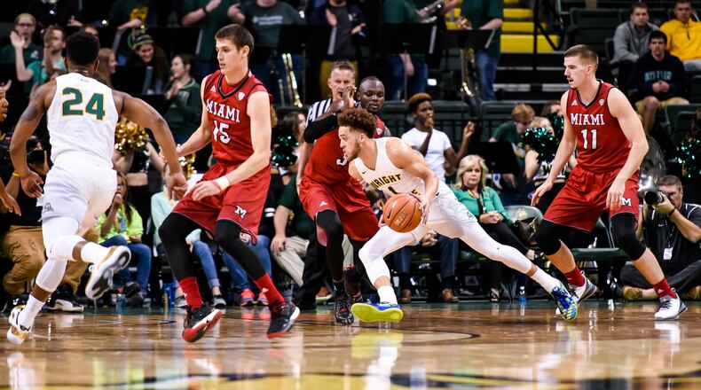 Wright State University’s Justin Mitchell dribbles to the basket during their 89-87 win over Miami Univsersity Tuesday, Nov. 15 at Wright State University’s Nutter Center in Fairborn. Mitchell leads the Raiders with 7.5 rebounds per game. NICK GRAHAM/STAFF
