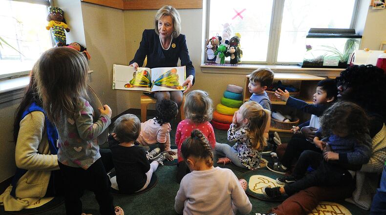 Ohio First Lady Fran DeWine read, Eric Carle’s classic “The Very Hungry Caterpillar” Wednesday, Nov. 15, 2023, to preschool students at the New Horizons Child Development Center located on Wright-Patterson Air Force base. MARSHALL GORBY\STAFF