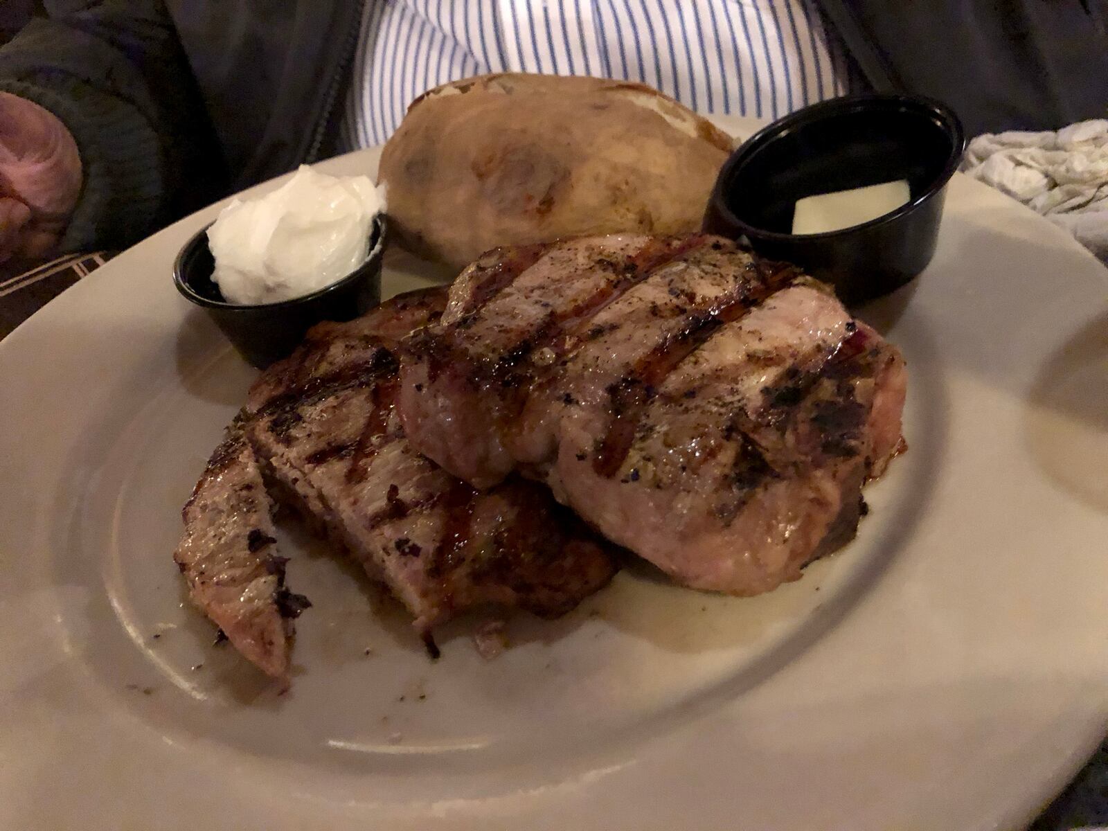 The Florentine Restaurant serves steaks, fish and chops. Pictured: two bone-in pork loin chops.