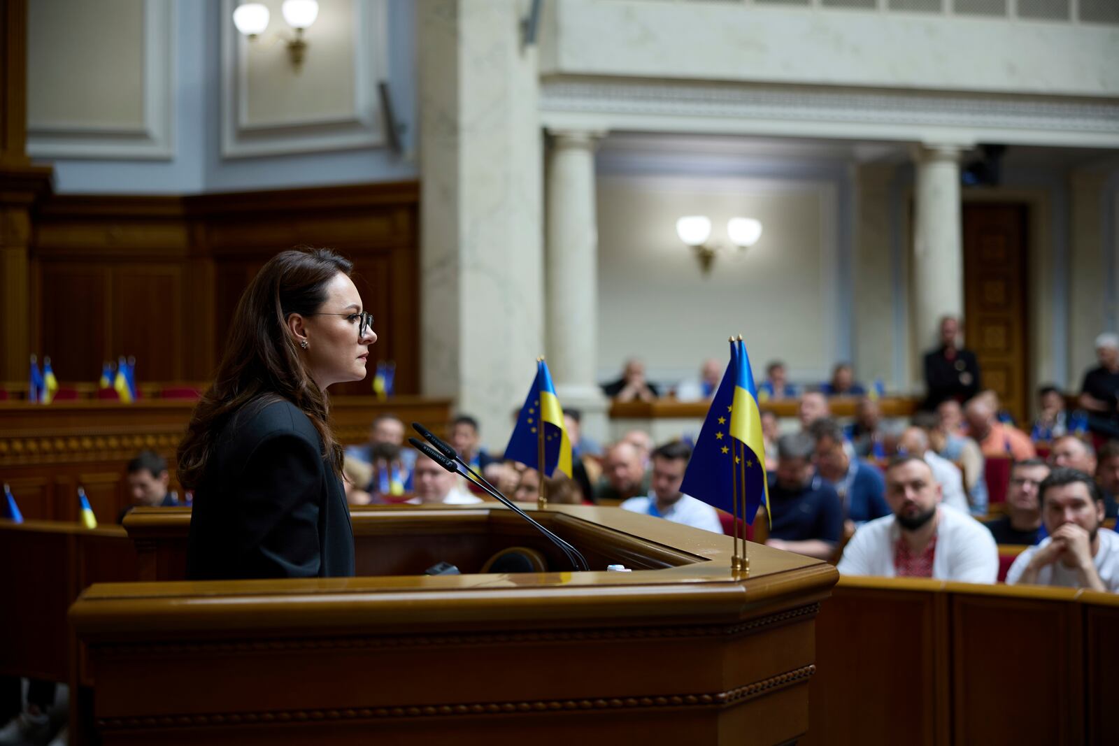 Ukraine's newly elected Prime Minister Yuliia Svyrydenko speaks at the parliament session hall in Kyiv, Ukraine Thursday, July 17, 2025. (AP Photo/Vadym Sarakhan)
