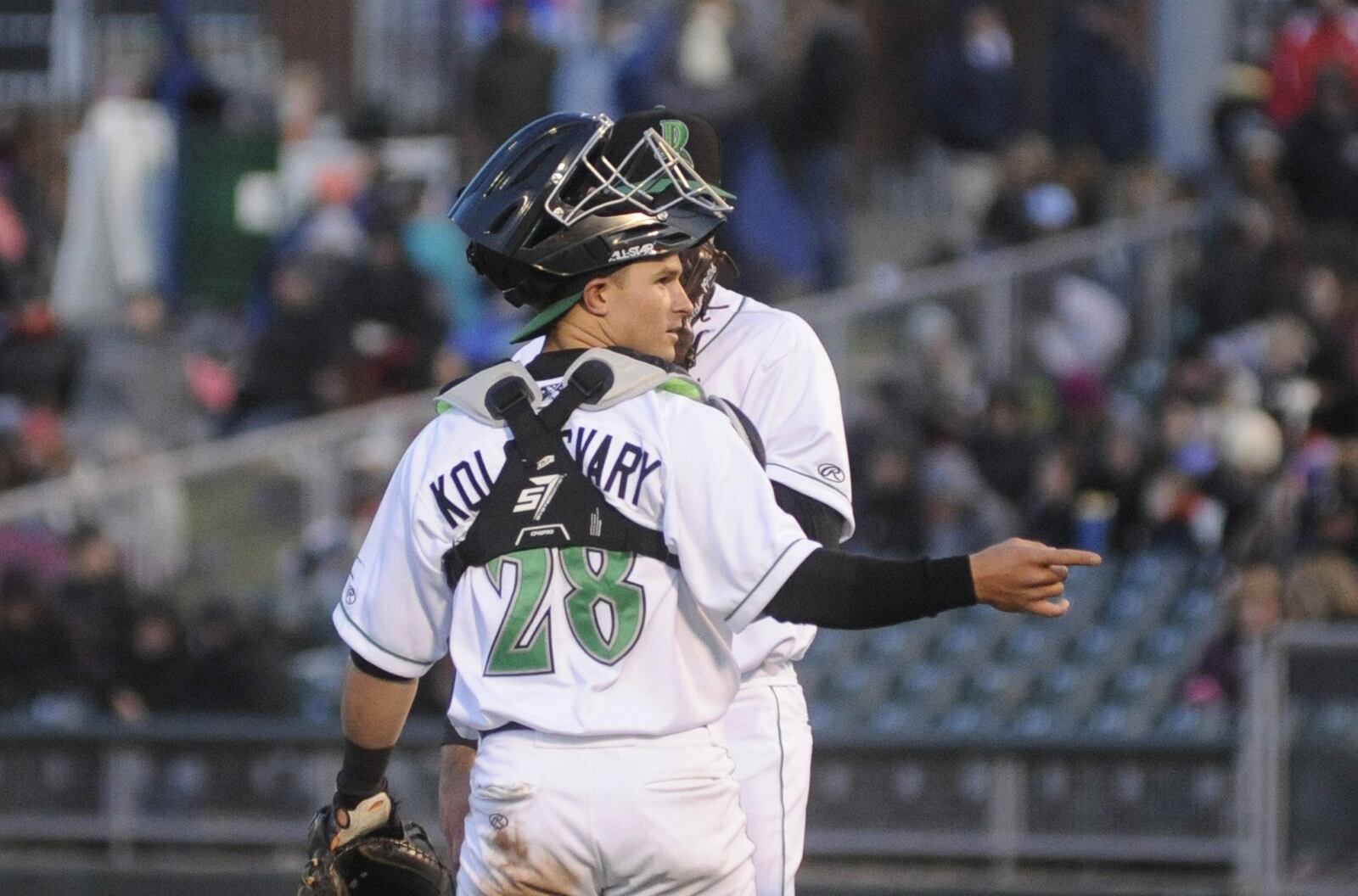 Dragons catcher Mark Kolozsvary. Bowling Green (Ky.) defeated Dayton 11-2 in the home opener at Fifth Third Field on Sat., April 7, 2018. MARC PENDLETON / STAFF