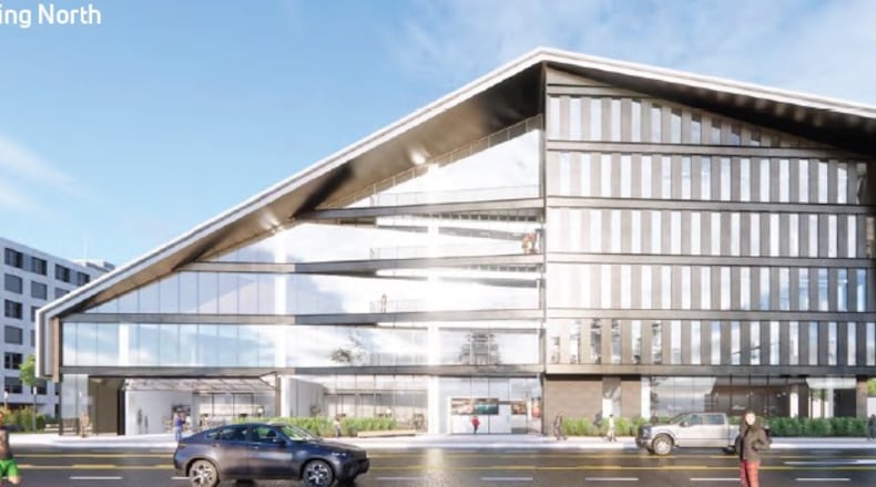 A rendering of the first proposed building for the onMain project on the former Montgomery County Fairgrounds site on South Main Street in Dayton. CONTRIBUTED BY NBBJ