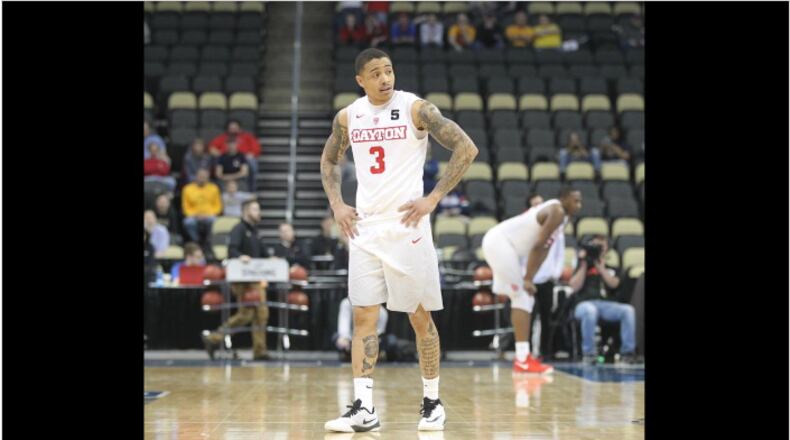 Dayton’s Kyle Davis react as the final seconds tick away in a loss against Davidson in the quarterfinals of the Atlantic 10 tournament on Friday, March 10, 2017, at PPG Paints Arena in Pittsburgh. David Jablonski/Staff