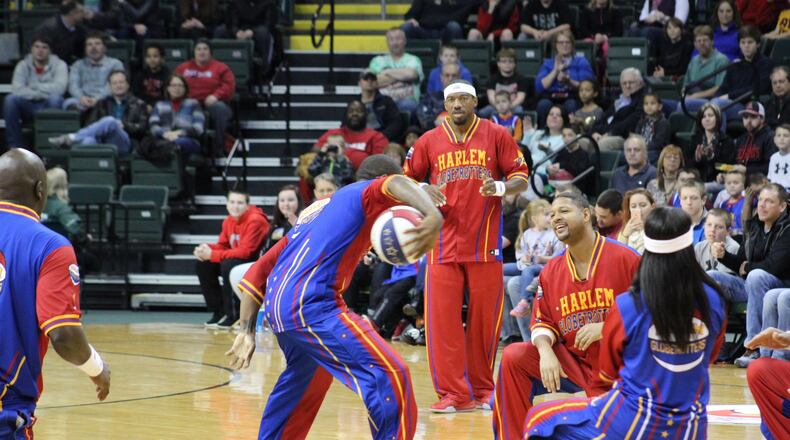 Members of the Harlem Globetrotters perform at Wright State’s Nutter Center, Thursday, Dec. 31, 2015. Staff photo by Todd Jackson