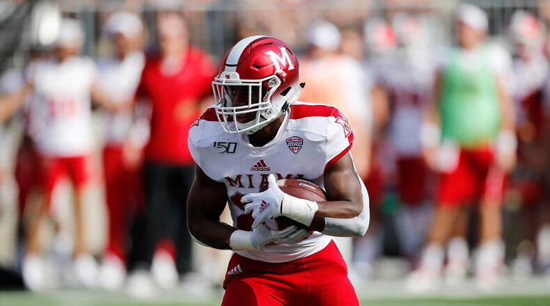 Miami running back Tyre Shelton plays against Ohio State during an NCAA college football game Saturday, Sept. 21, 2019, in Columbus, Ohio. (AP Photo/Jay LaPrete)