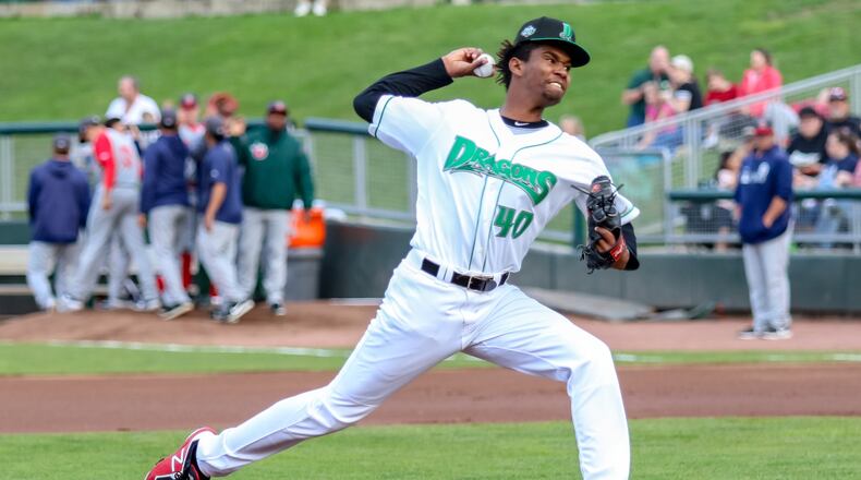 Dayton Dragons pitcher Jhon De Jesus pitches during their game against the Fort Wayne TinCaps on Tuedsay night at Fifth Third Field. Fort Wayne won 8-4. CONTRIBUTED PHOTO BY MICHAEL COOPER