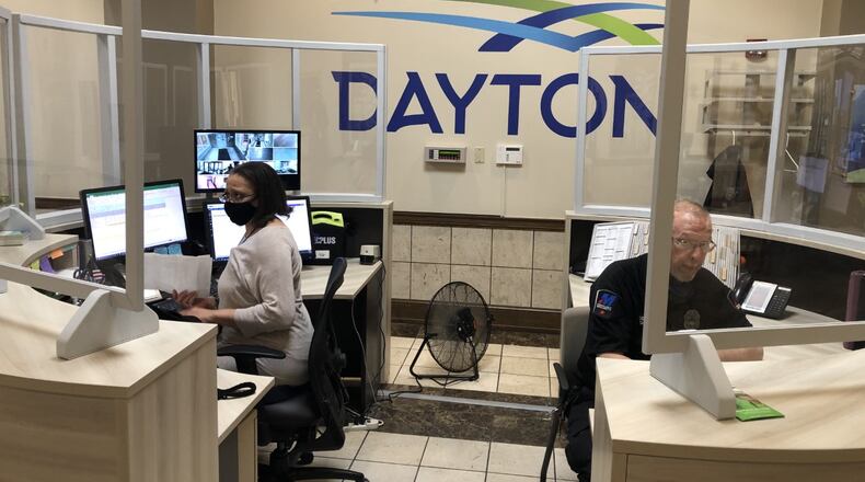 The lobby of Dayton City Hall. It has been modified to reduce the risk of COVID-19. CORNELIUS FROLIK / STAFF