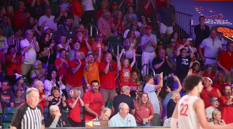 Dayton fans cheer during the game against BYU in the Battle 4 Atlantis on Friday, Nov. 25, 2022, in Nassau, Bahamas. David Jablonski/Staff