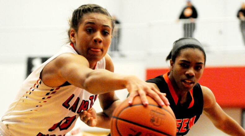 Lakota West’s Sarah Jones (15) steals the ball as Beavercreek’s Kirsten Williams tries to recover during Saturday’s Division I district final at Princeton. CONTRIBUTED PHOTO BY DAVID A. MOODIE