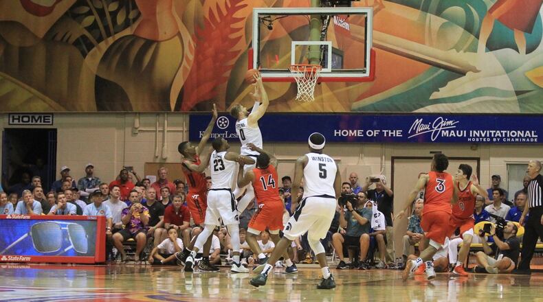 Michigan State’s Kyle Ahrens scores against Virginia Tech on Monday, Nov. 25, 2019, in the first round of the Maui Invitational. David Jablonski/Staff