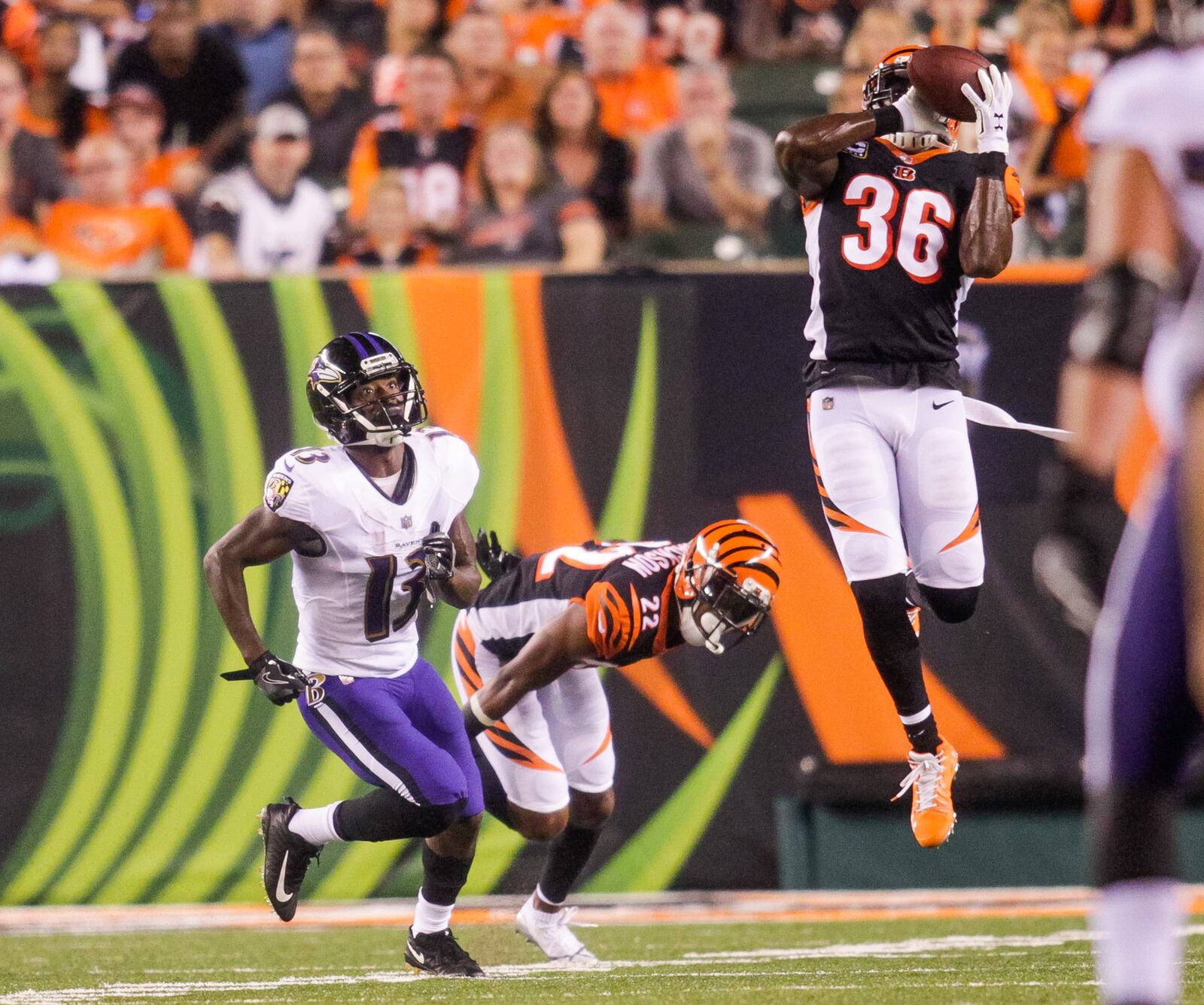Cincinnati Bengals safety Shawn Williams gets an interception Thursday, Sept. 13 at Paul Brown Stadium in Cincinnati. The Cincinnati Bengals defeated the Baltimore Ravens 34-23. NICK GRAHAM/STAFF