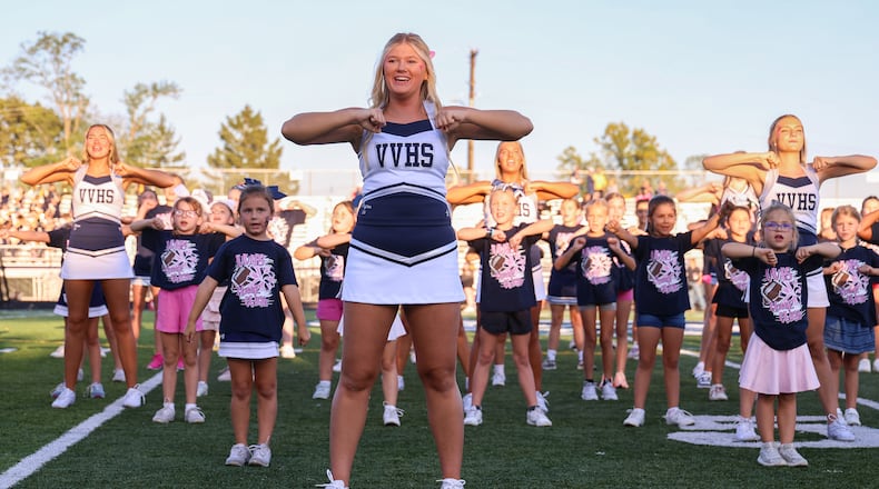 Valley View held its youth cheerleading night on Friday, Sept. 26 during a Southwestern Buckeye League game against Oakwood. Participants attended clinics earlier in the week to learn cheers and dances from Valley View High School cheerleaders. Participants performed with Valley View cheerleaders before the game at Niswonger Field. BRYANT BILLING / STAFF