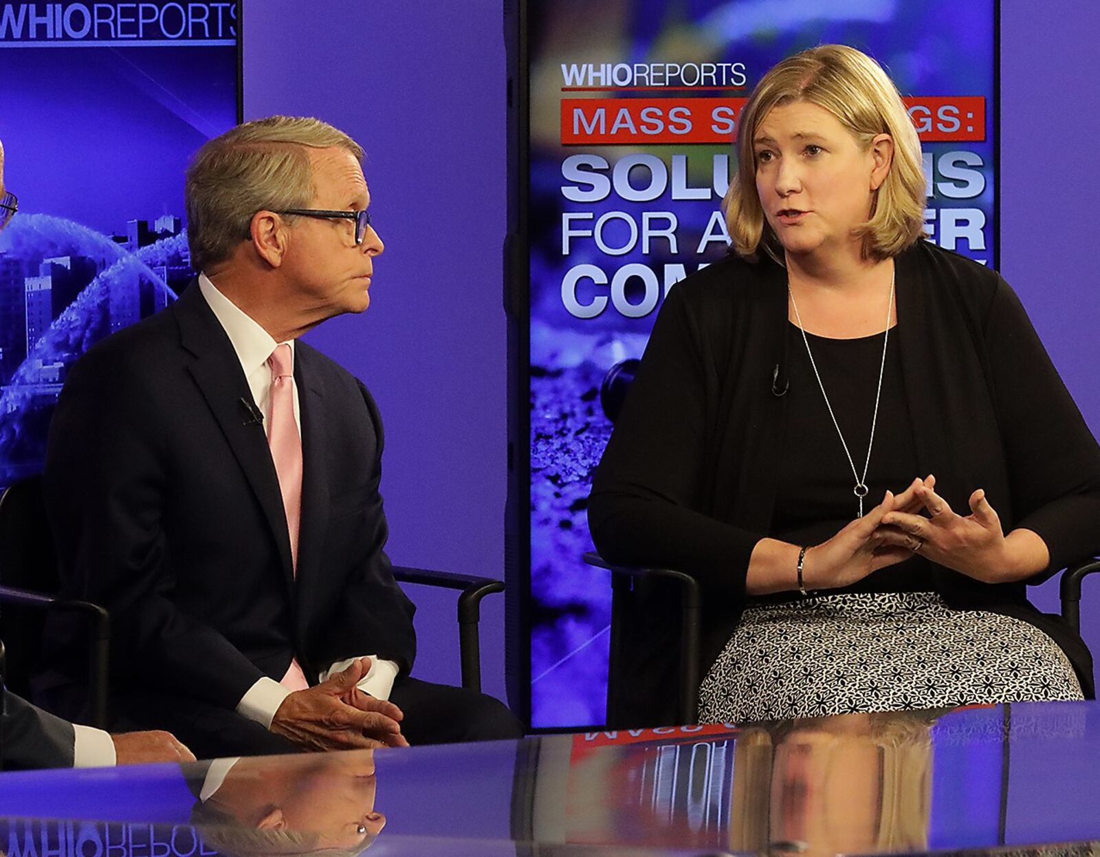Ohio Gov. Mike DeWine and Dayton Mayor Nan Whaley received the most campaign contributions in the race for Ohio governor during the first half of 2021. In this 2019 file photo DeWine and Whaley participate in a forum about gun violence in the wake of the Aug. 4 mass shooting in Dayton's Oregon District.. BILL LACKEY/STAFF