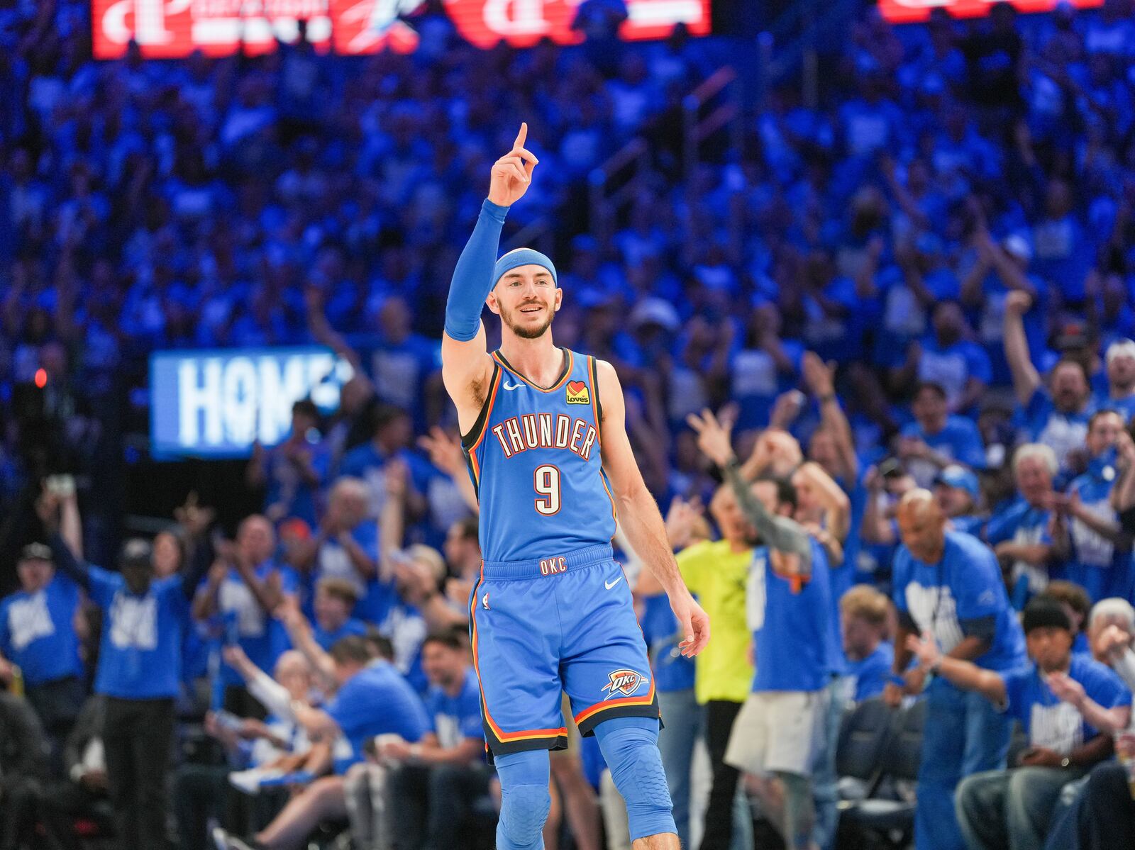 Oklahoma City Thunder guard Alex Caruso celebrates during the first half in Game 1 of an NBA first-round playoff series against the Memphis Grizzlies, Tuesday, April 22, 2025, in Oklahoma City. (AP Photo/Kyle Phillips)