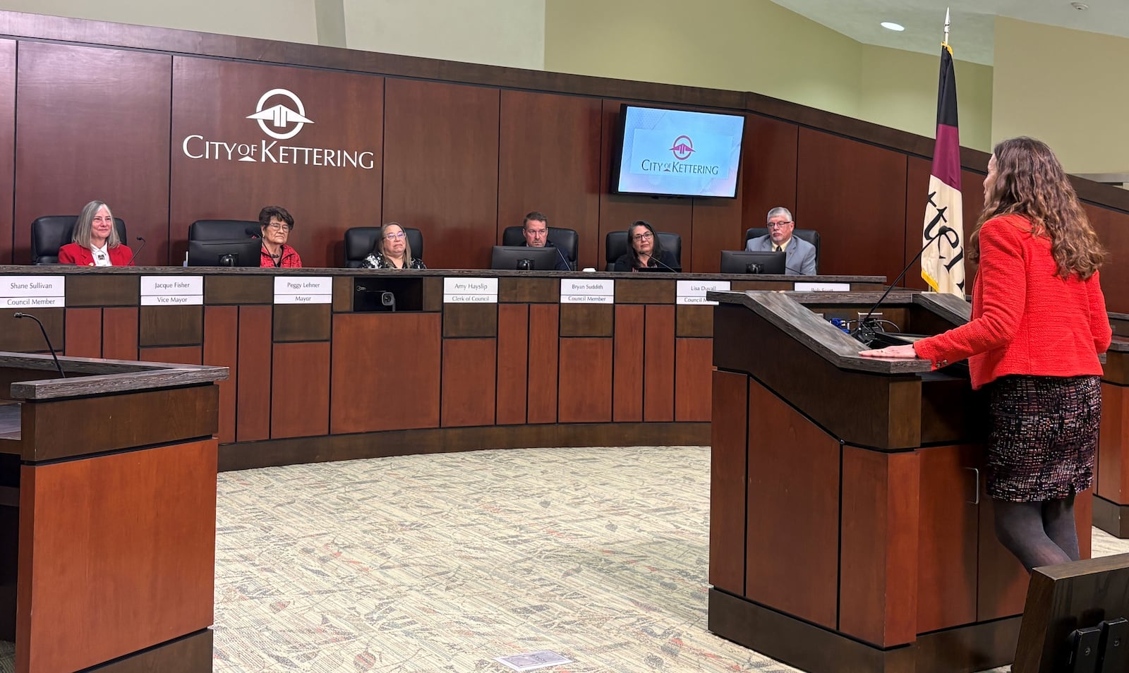 State Rep. Andrea White, R-Kettering, honored Kettering Mayor Peggy Lehner and Vice Mayor Jacque Fisher on Tuesday, Dec. 9, 2025, on behalf of the Ohio House for their public service during their final council meeting. JEN BALDUF/STAFF