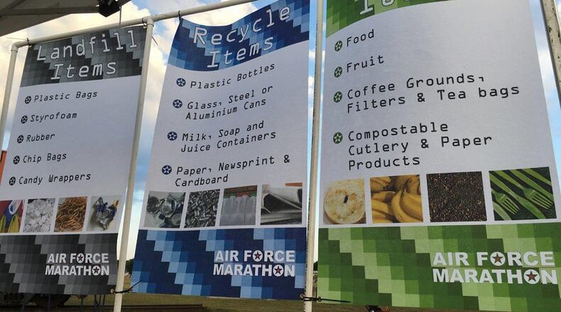 Thirty-six best practices to minimize waste and improve conservation were executed at this year’s Air Force Marathon Sept. 19-21 and were recognized by the Council for Responsible Sport awarding them the silver level certification. One of those practices recognized was the use of ‘Water Monsters’ to serve in bulk, replacing single-use plastic water bottles. (Courtesy photo)