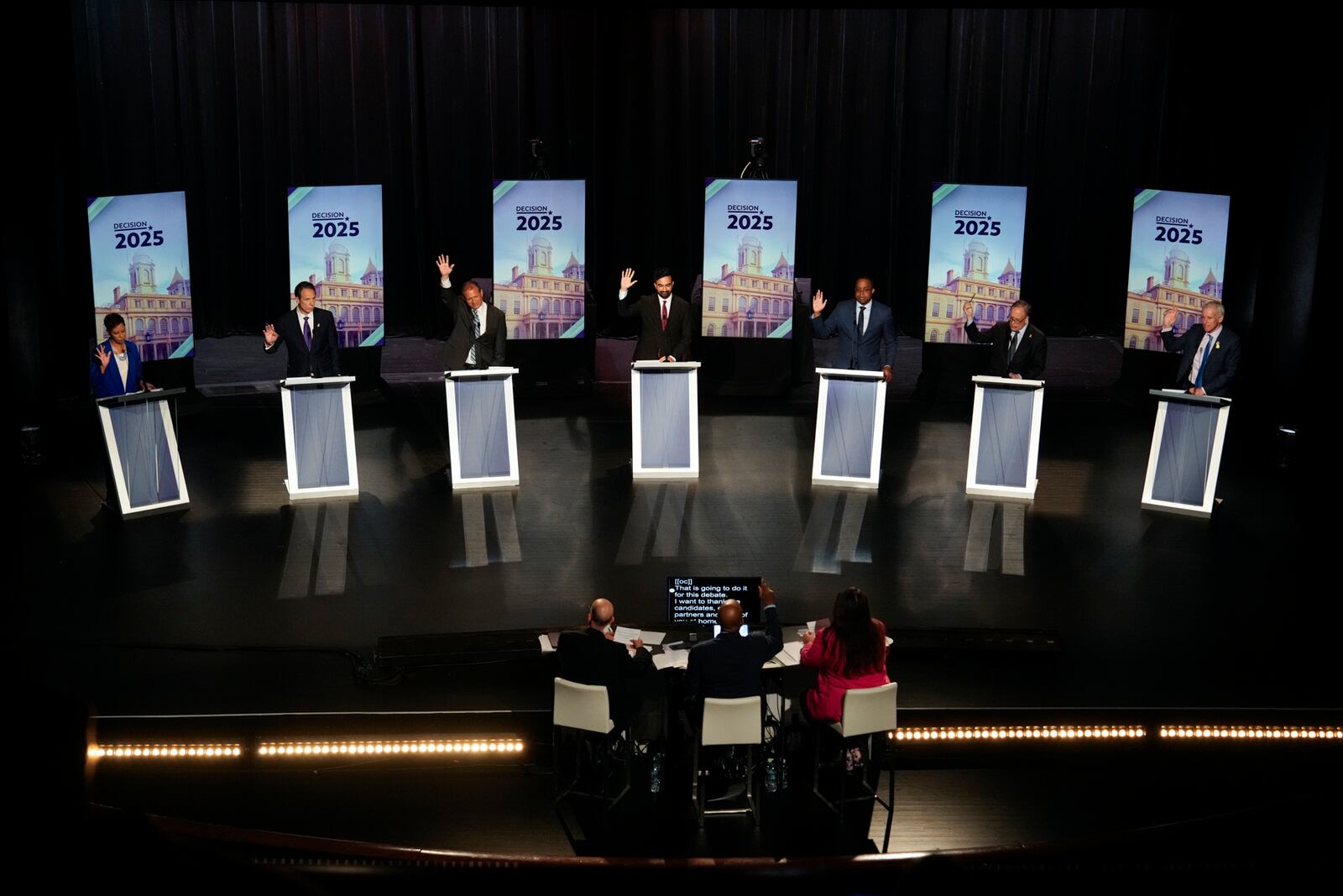 FILE - Candidates take part in the New York City Democratic Mayoral Primary Debate at the John Jay College of Criminal Justice in the Gerald W. Lynch Theater, in New York City, June 12, 2025. (Vincent Alban/The New York Times via AP File)