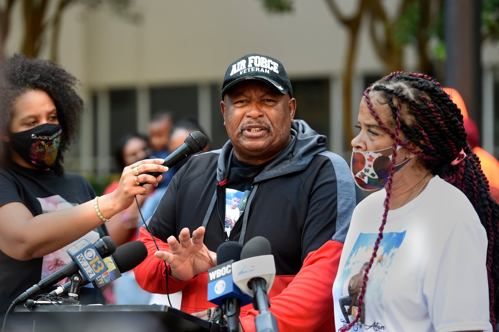 FILE - Family members of Anton Black, from left, LaToya Holley; father, Antone Black, and mother, Jennell Black, speak during a news conference Thursday, Sept. 30, 2021, in Baltimore. (AP Photo/Gail Burton, File)